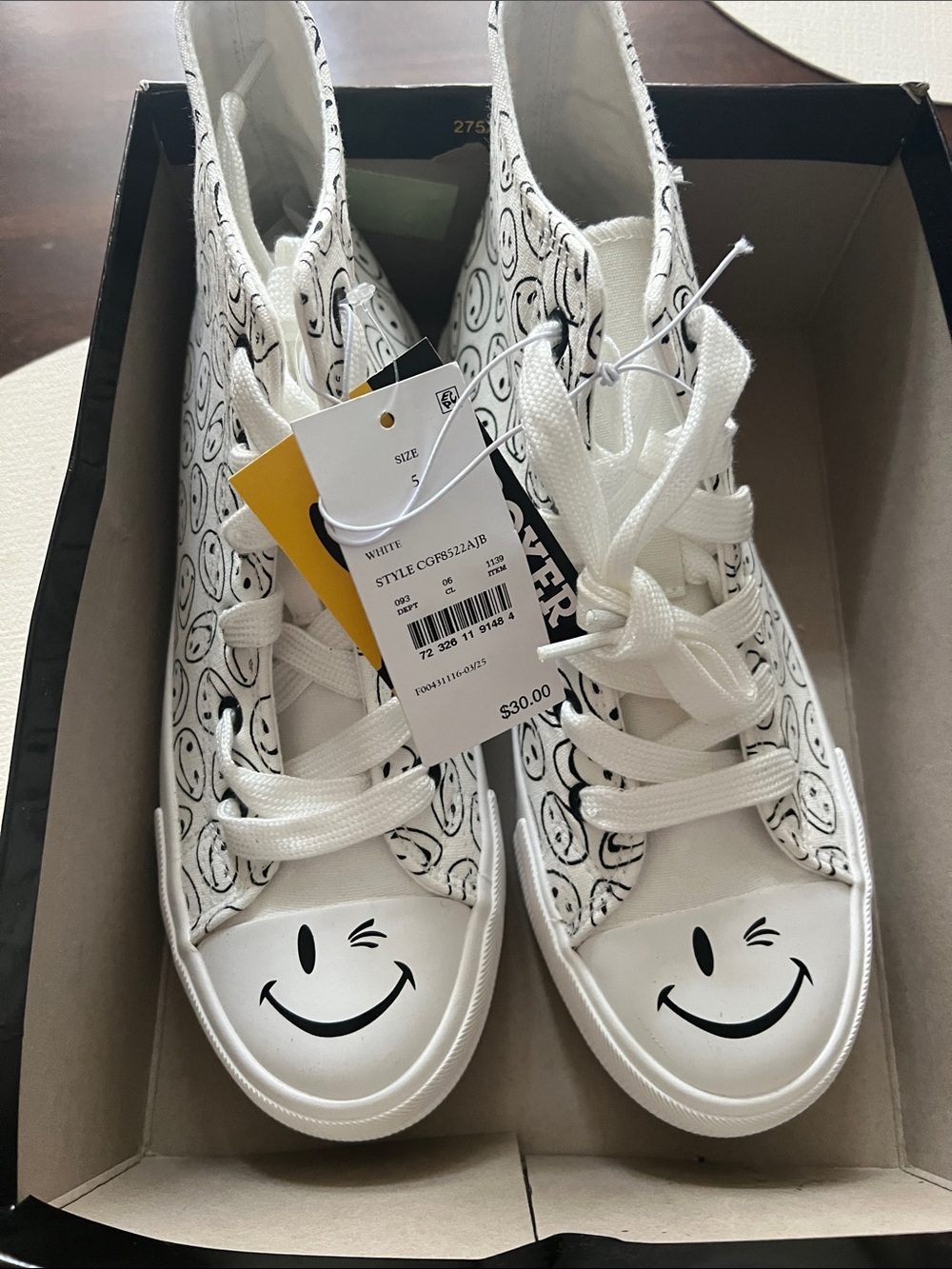 Kids White Smiley Canvas High-Top Sneakers